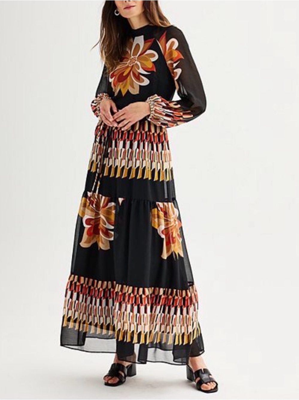 Black Floral Long-Sleeve Maxi Dress with Warm Tones